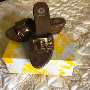 Yellow Box metallic Copper Bronze Wedge Slide Sandals